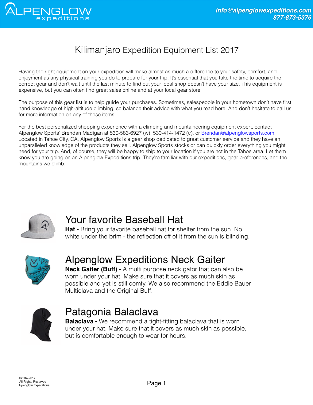 Kilimanjaro Equip List 2017
