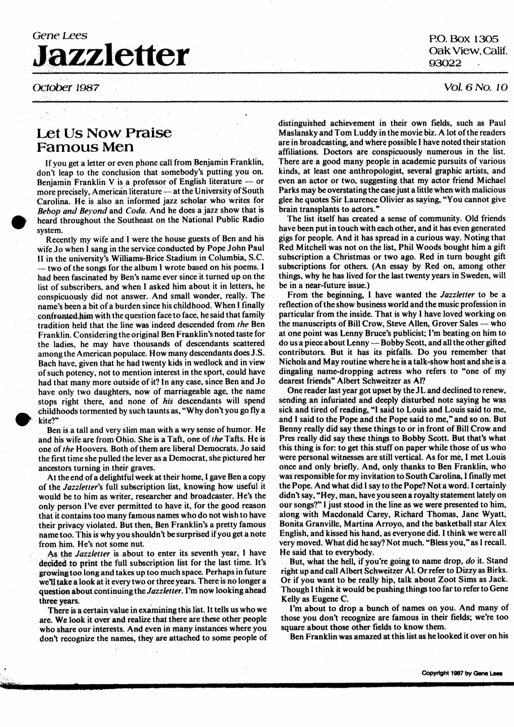 Jazzletter 93022 - October 1987