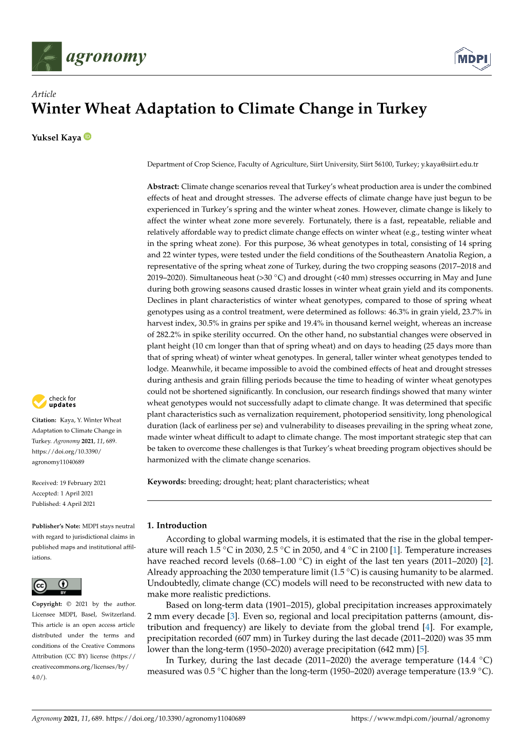 Winter Wheat Adaptation to Climate Change in Turkey