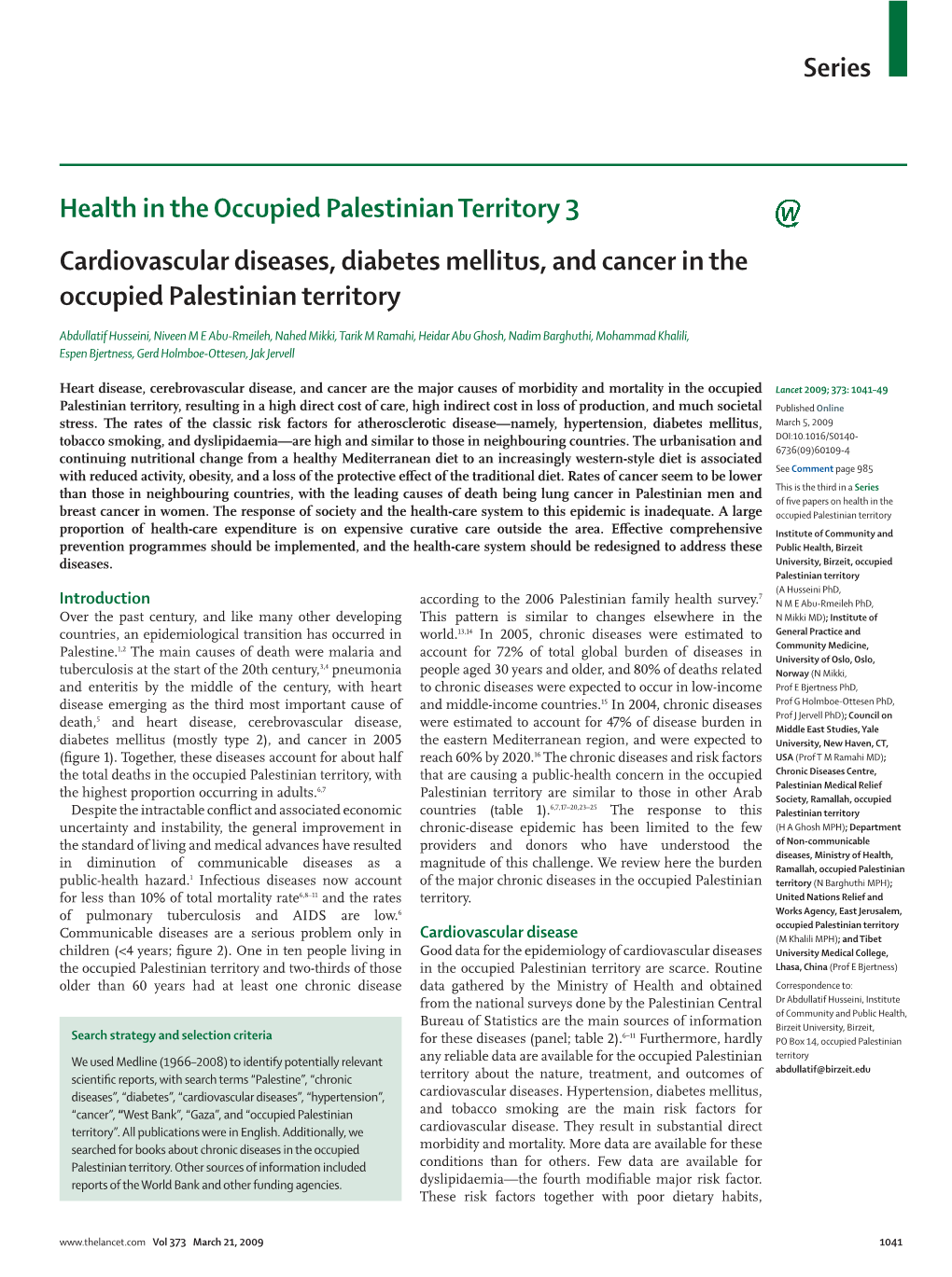 Cardiovascular Diseases, Diabetes Mellitus, and Cancer in the Occupied Palestinian Territory