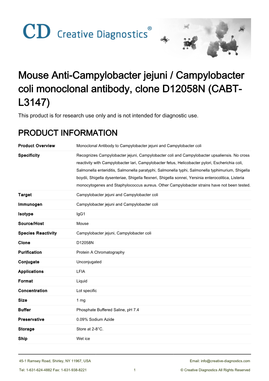 Mouse Anti-Campylobacter Jejuni / Campylobacter Coli Monoclonal