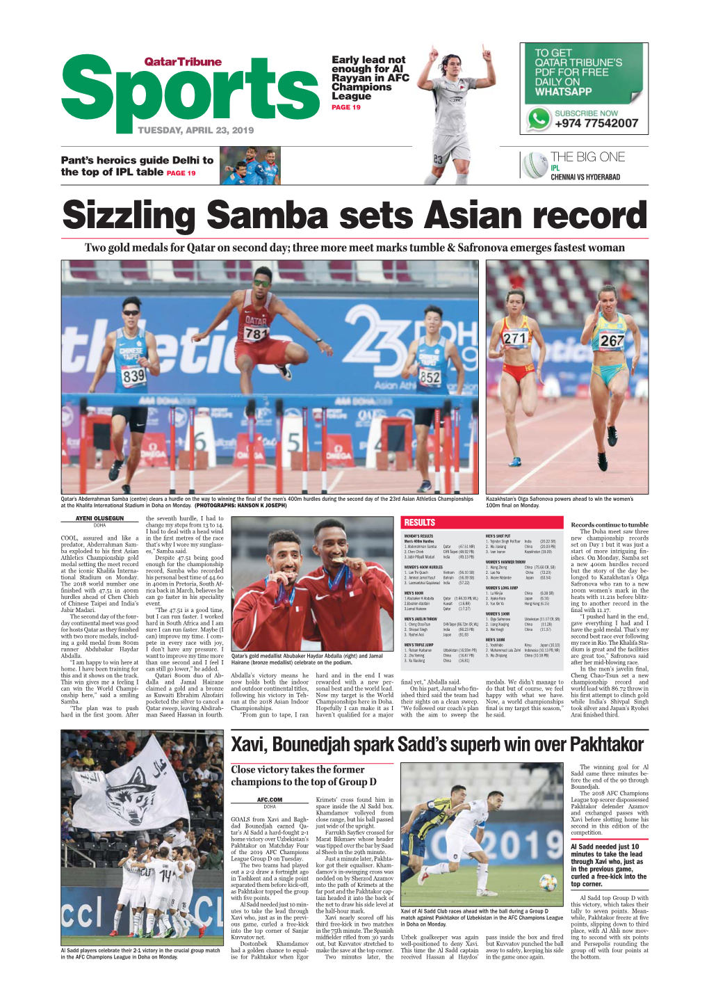 Sizzling Samba Sets Asian Record Two Gold Medals for Qatar on Second Day; Three More Meet Marks Tumble & Safronova Emerges Fastest Woman