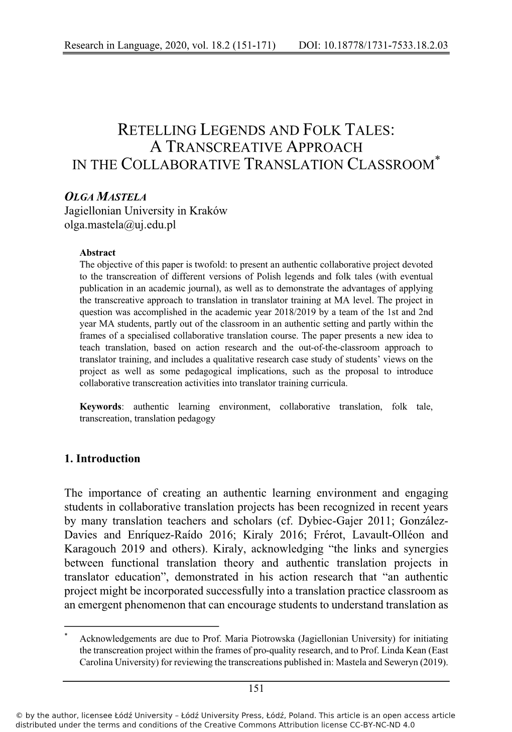 Retelling Legends and Folk Tales: a Transcreative Approach in the Collaborative Translation Classroom*