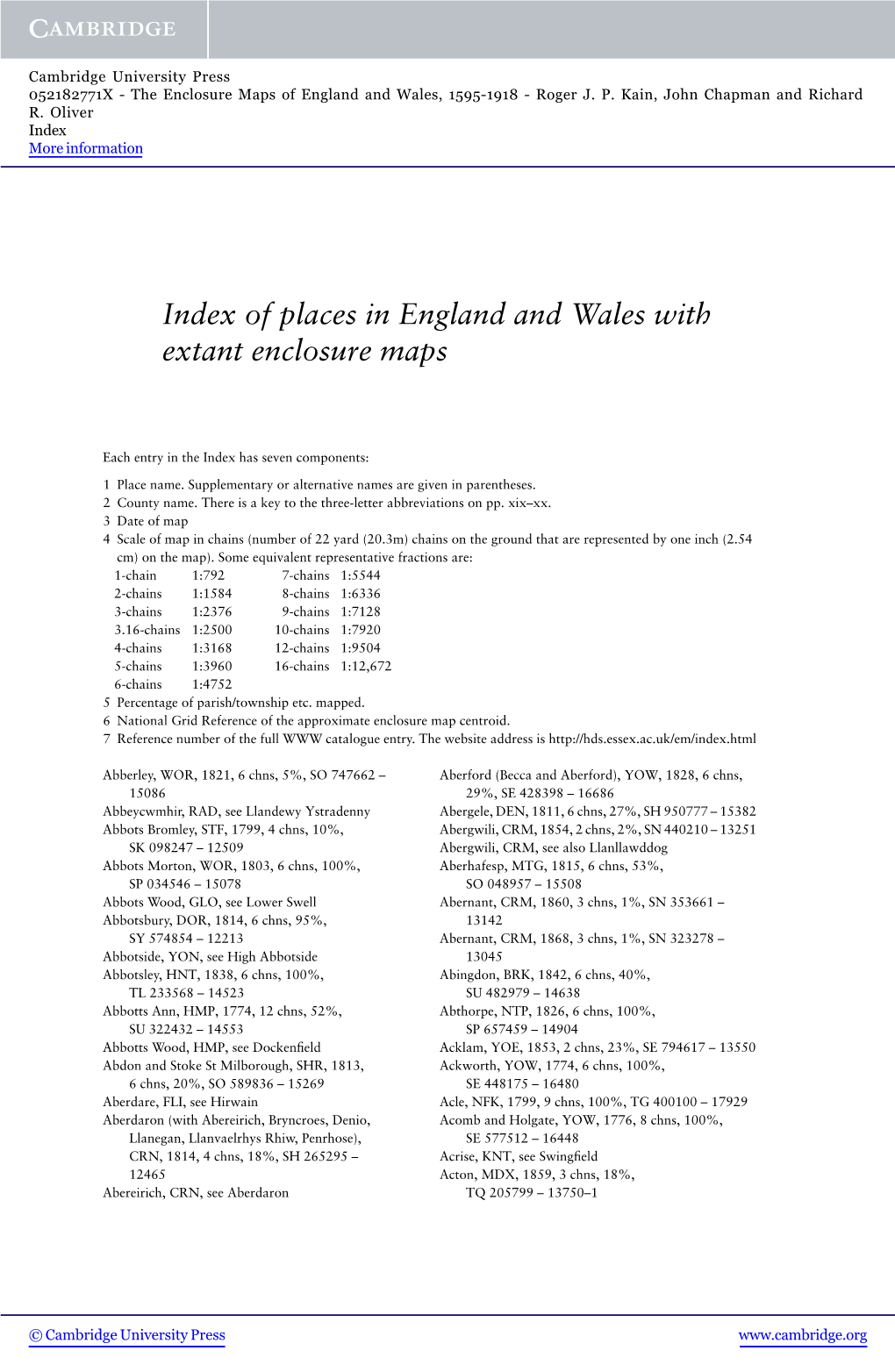 Index of Places in England and Wales with Extant Enclosure Maps