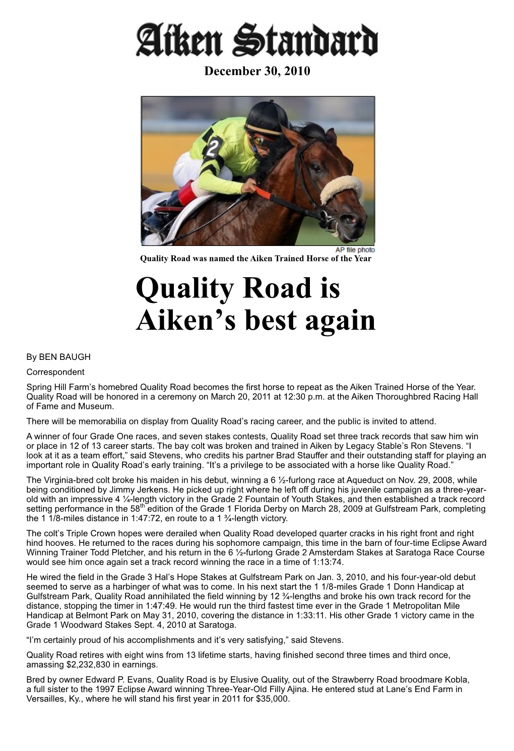 Quality Road 2010 Aiken Trained Horse of the Year.Pdf