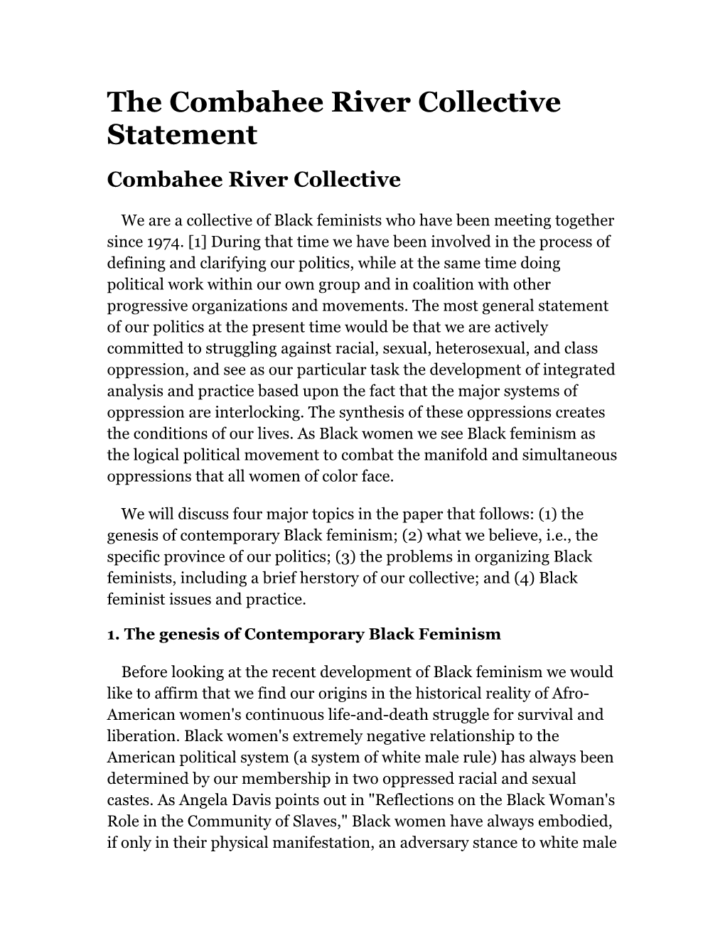 The Combahee River Collective Statement Combahee River Collective