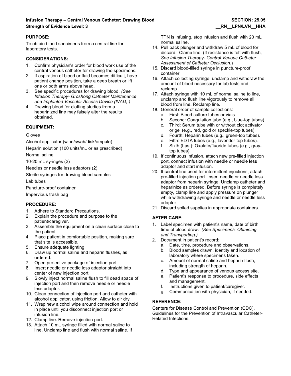 Infusion Therapy Central Venous Catheter: Drawing Blood SECTION: 25.05