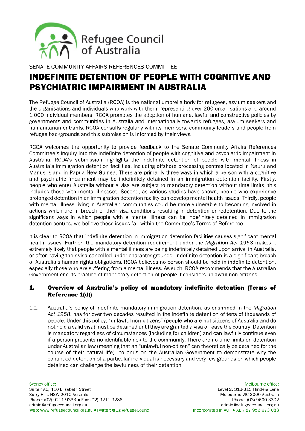 Indefinite Detention of People with Cognitive and Psychiatric Impairment in Australia