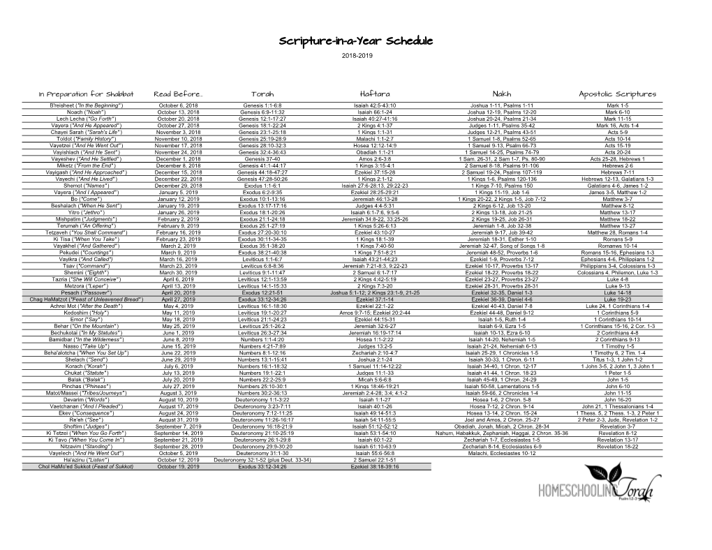 Scripture-In-A-Year Schedule 2018-2019