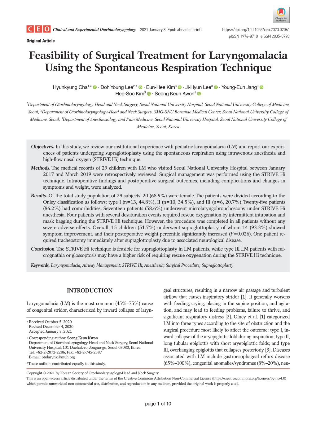 Feasibility of Surgical Treatment for Laryngomalacia Using the Spontaneous Respiration Technique