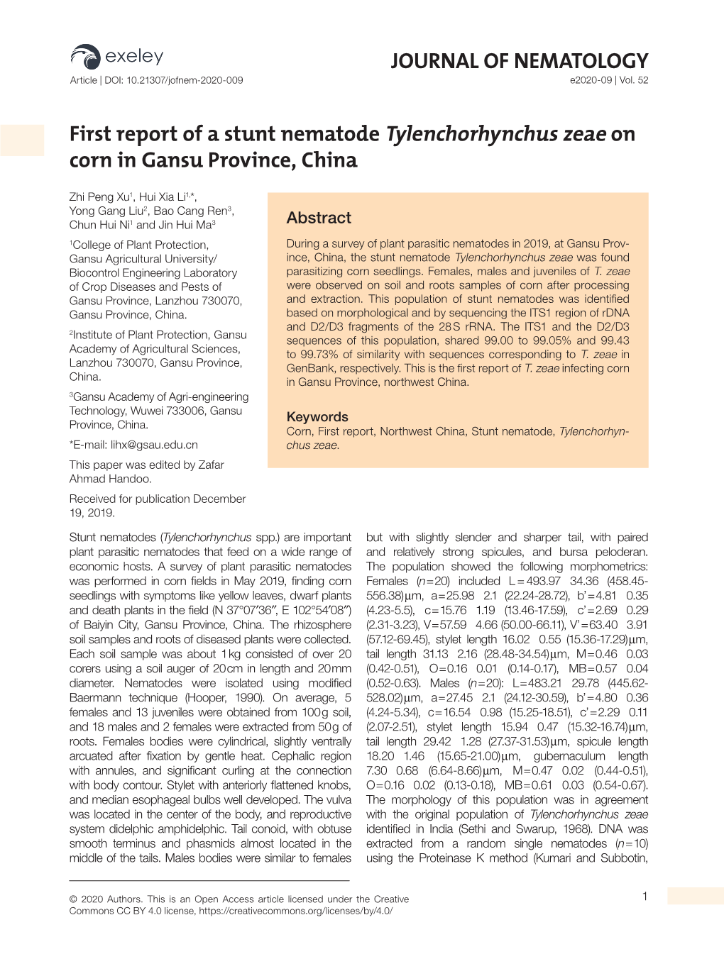 First Report of a Stunt Nematode Tylenchorhynchus Zeae on Corn in Gansu Province, China