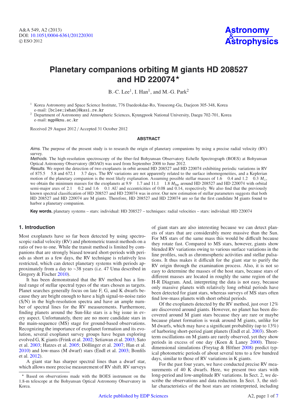 Planetary Companions Orbiting M Giants HD 208527 and HD 220074⋆