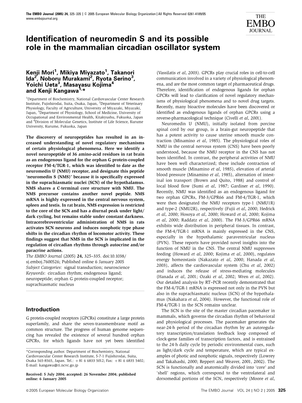 Identification of Neuromedin S and Its Possible Role in the Mammalian