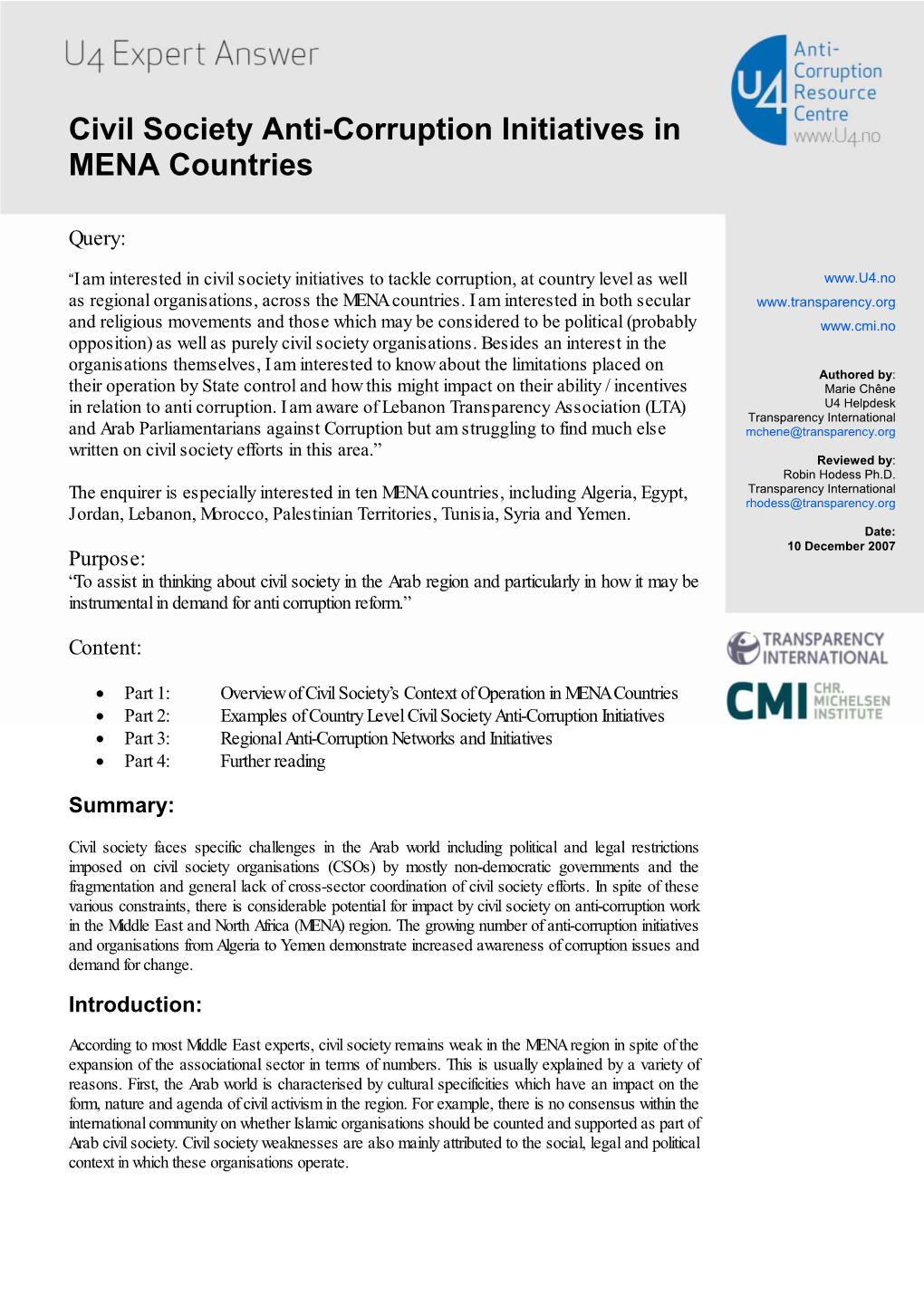 Civil Society Anti-Corruption Initiatives in MENA Countries