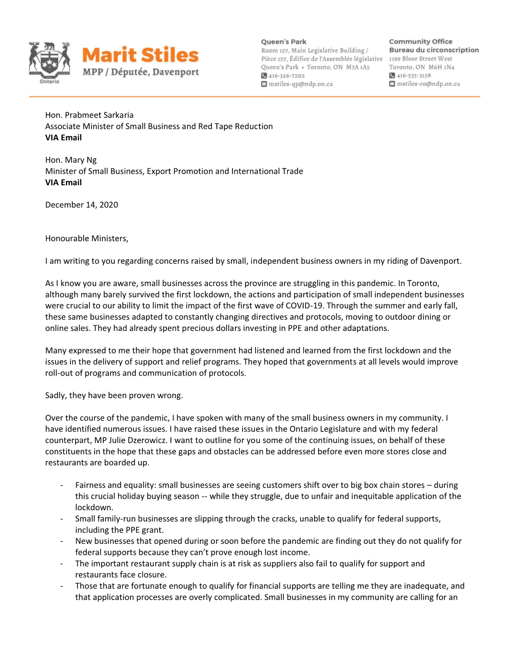 Hon. Prabmeet Sarkaria Associate Minister of Small Business and Red Tape Reduction VIA Email Hon. Mary Ng Minister of Small Busi