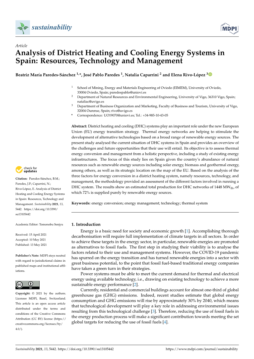 Analysis of District Heating and Cooling Energy Systems in Spain: Resources, Technology and Management