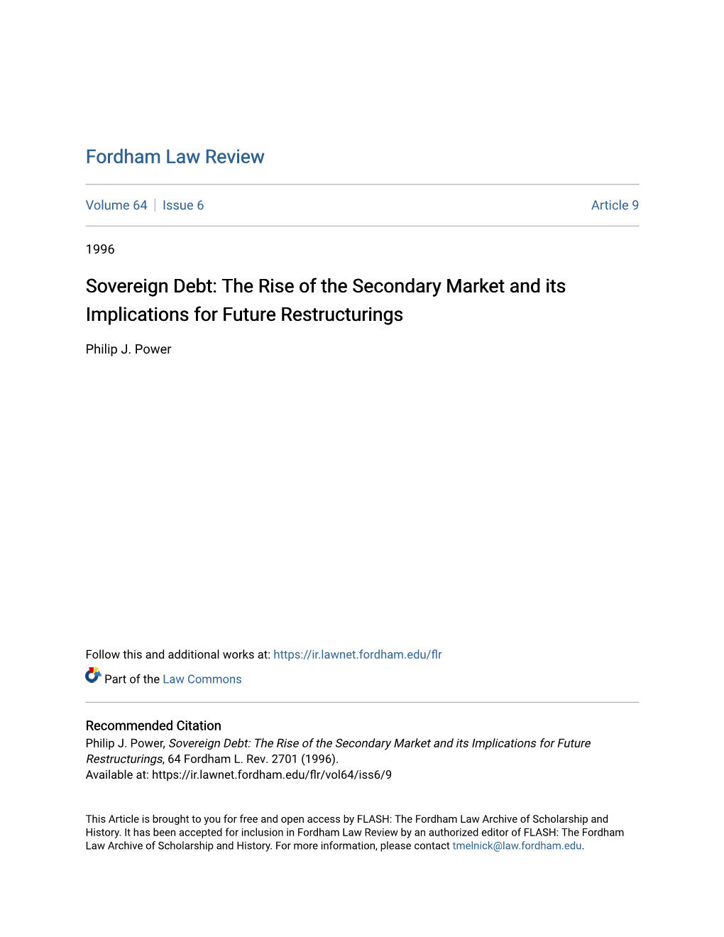 Sovereign Debt: the Rise of the Secondary Market and Its Implications for Future Restructurings