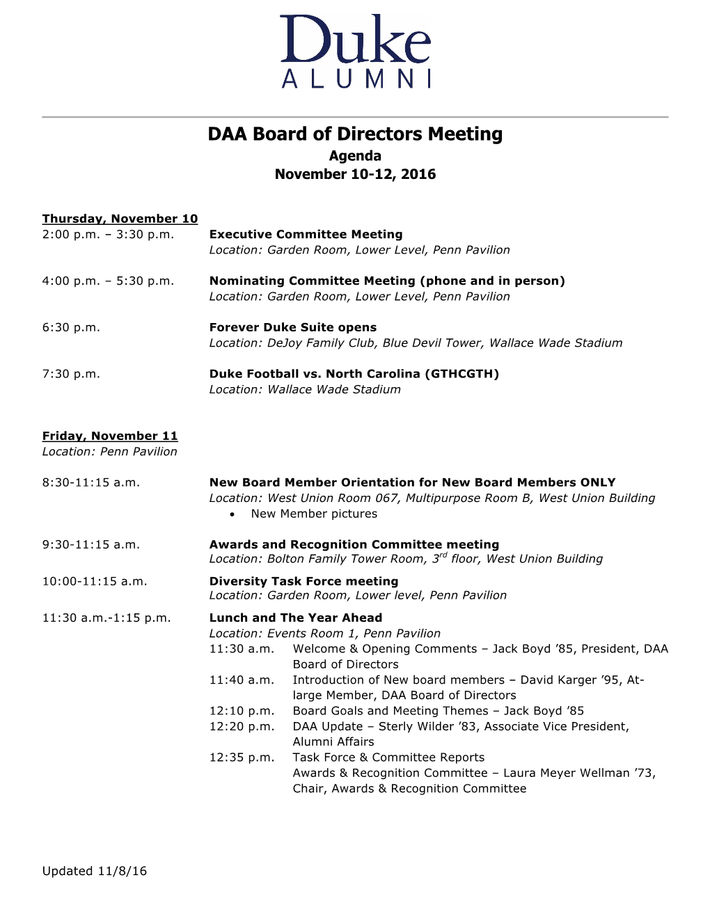 DAA Bod DRAFT Agenda for Fall Durham Board Meeting 10.10.16