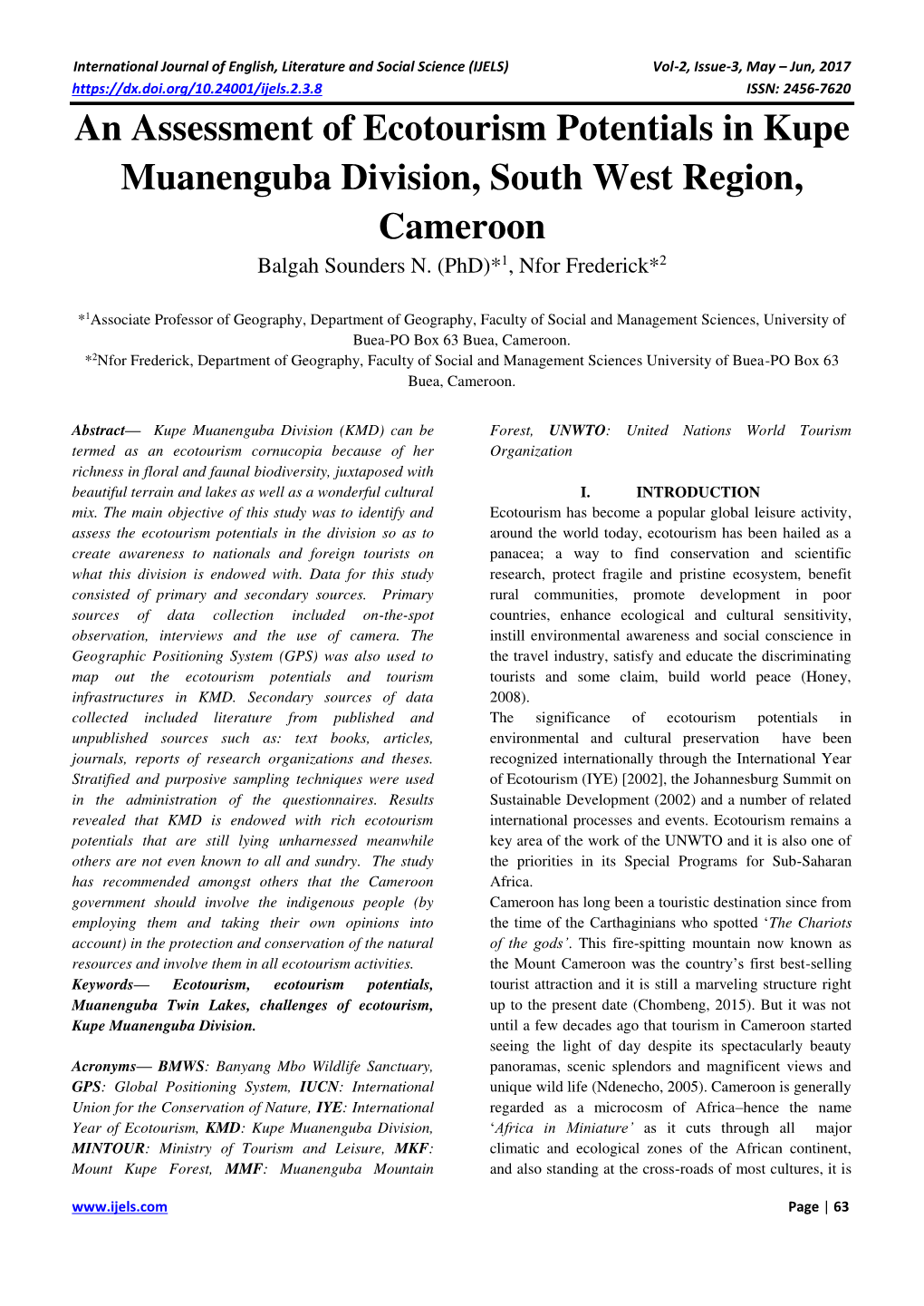 An Assessment of Ecotourism Potentials in Kupe Muanenguba Division, South West Region, Cameroon Balgah Sounders N