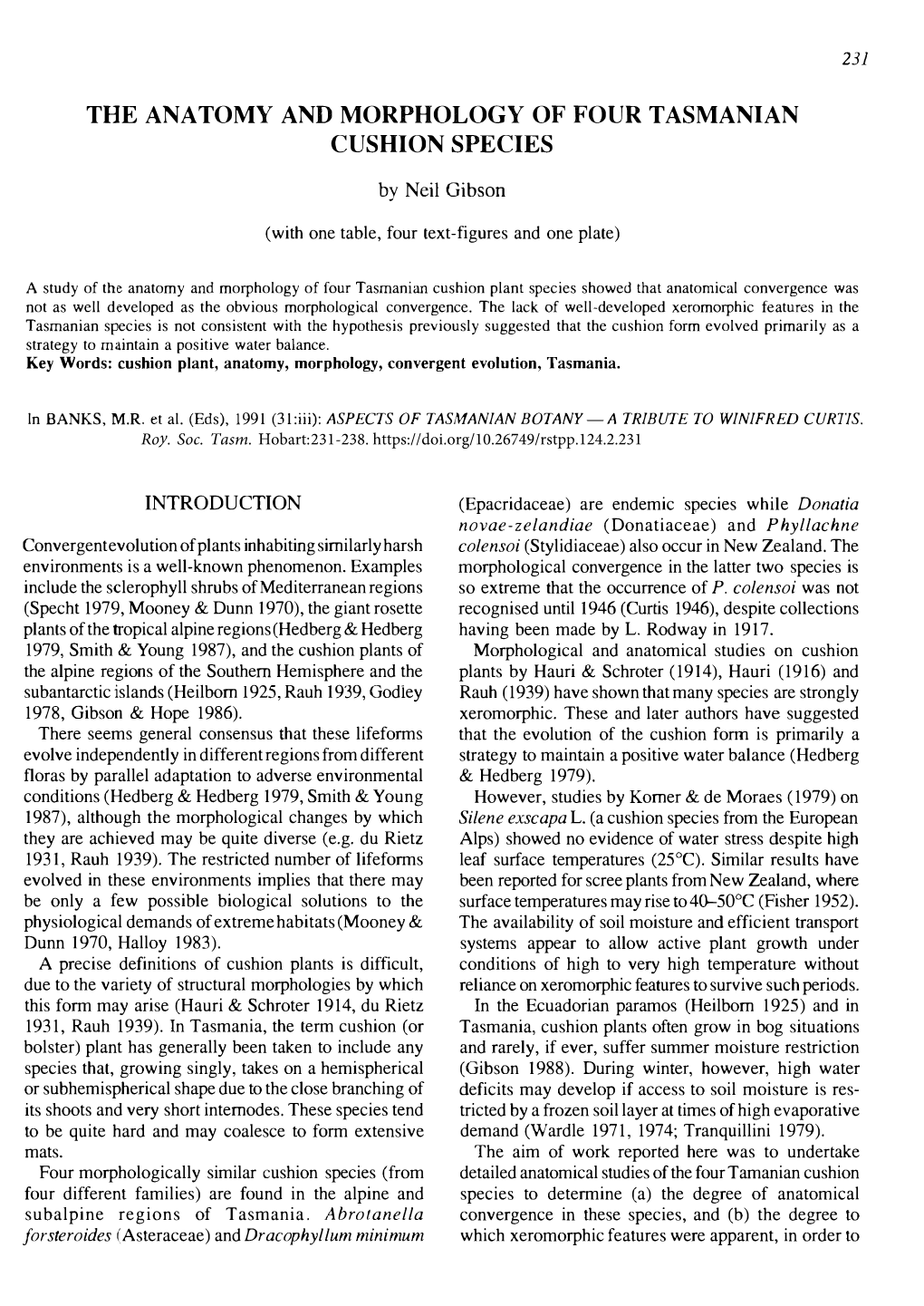 The Anatomy and Morphology of Four Tasmanian Cushion Species