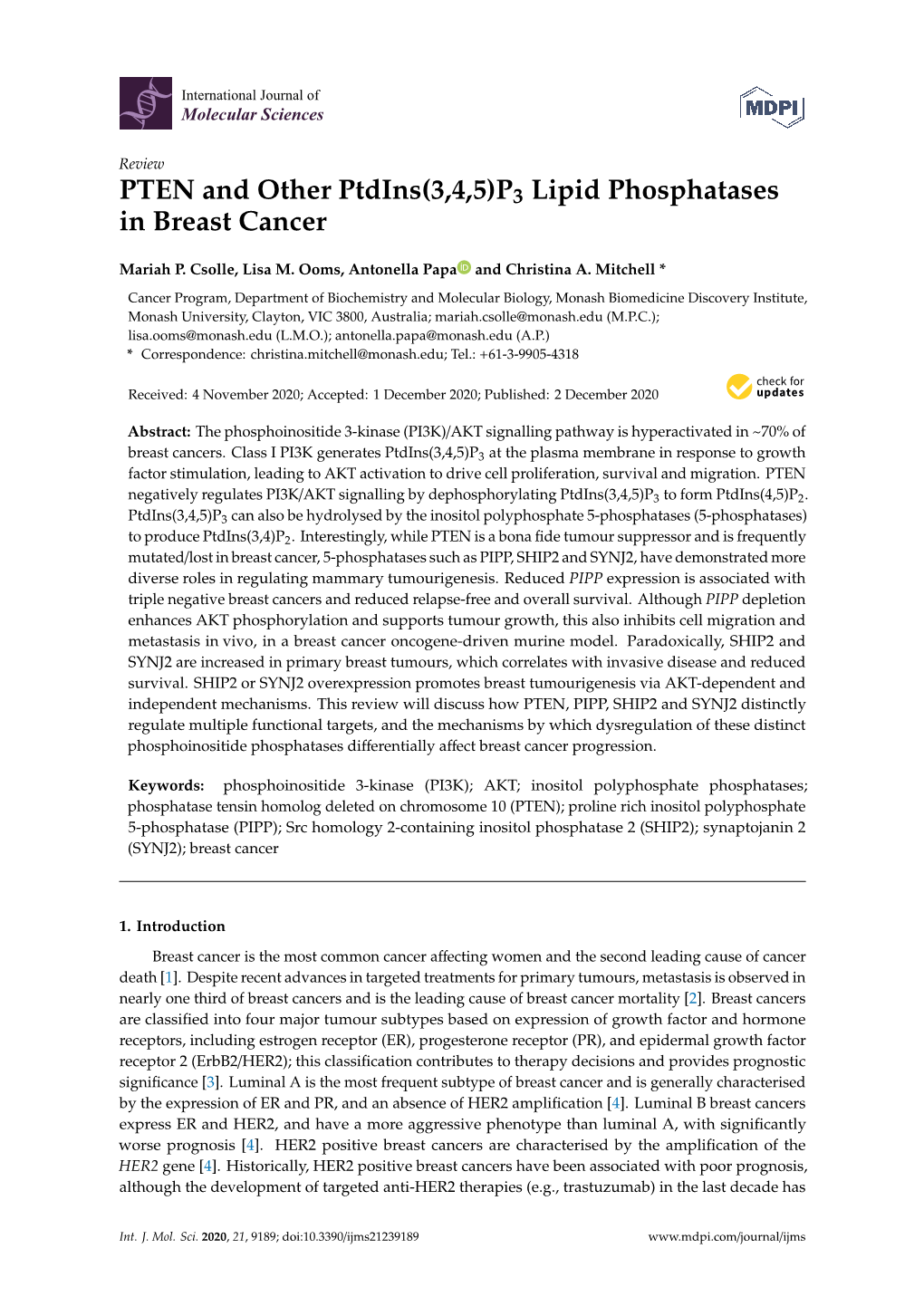 PTEN and Other Ptdins(3,4,5)P3 Lipid Phosphatases in Breast Cancer