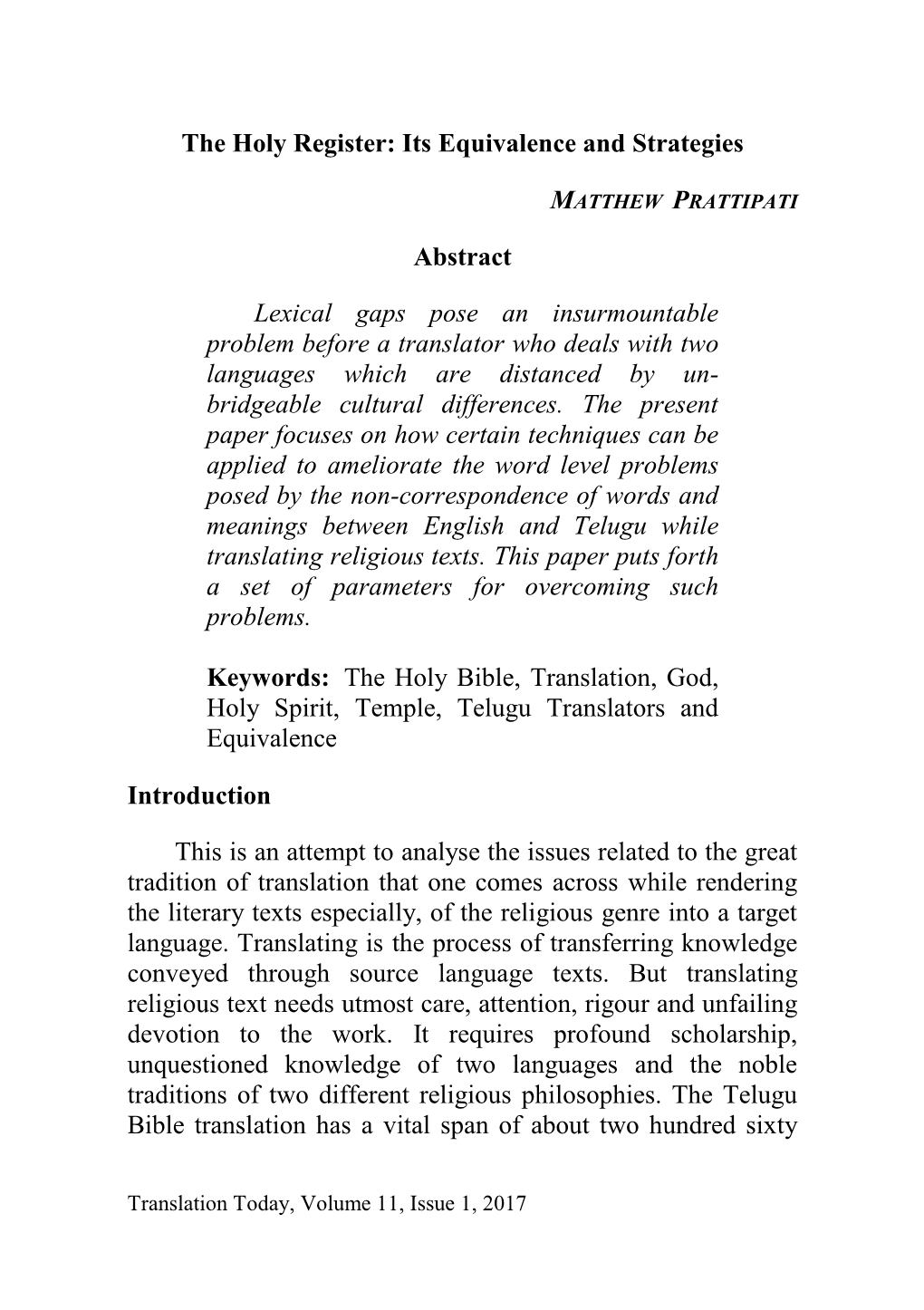 The Holy Register: Its Equivalence and Strategies Abstract Lexical