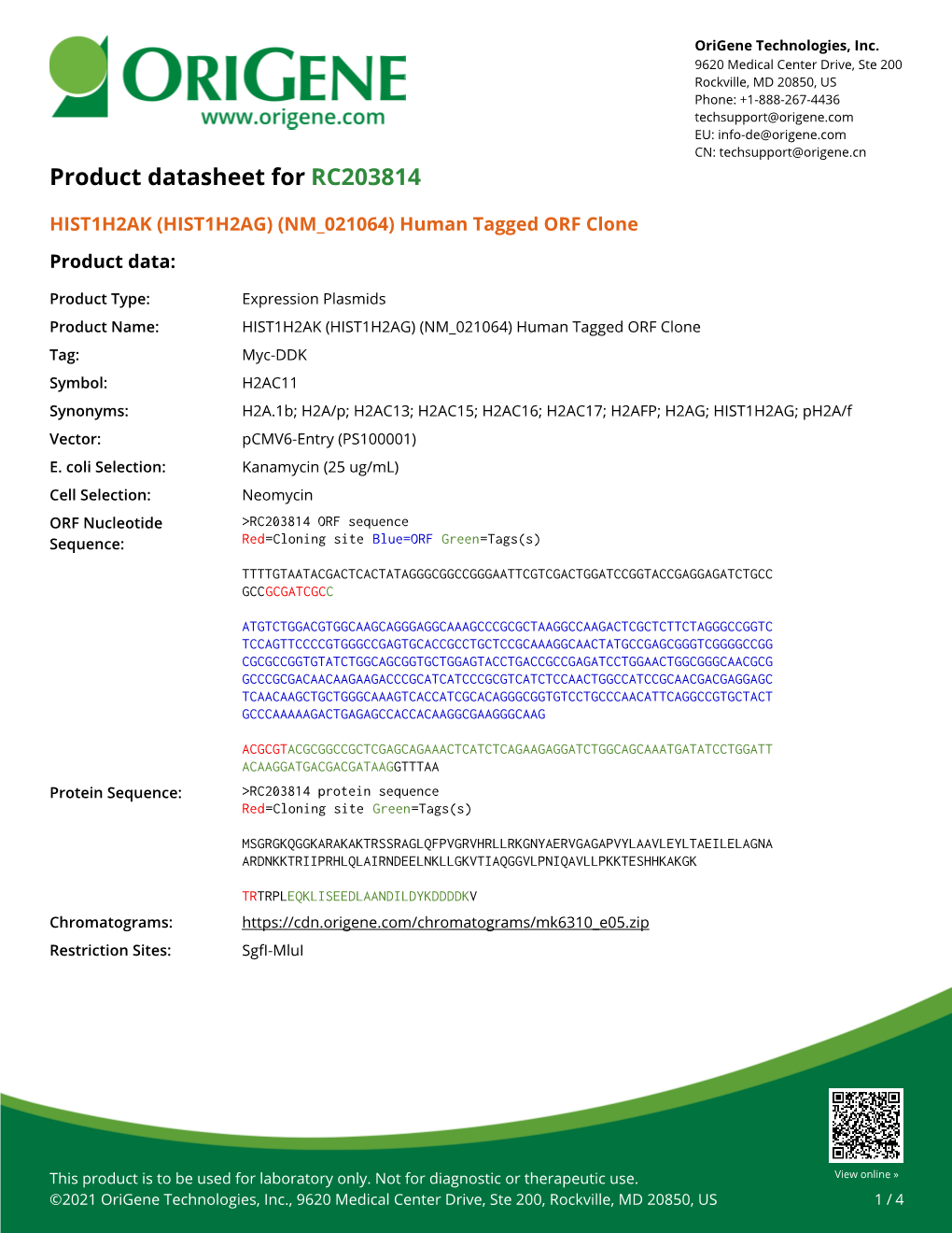 HIST1H2AK (HIST1H2AG) (NM 021064) Human Tagged ORF Clone Product Data