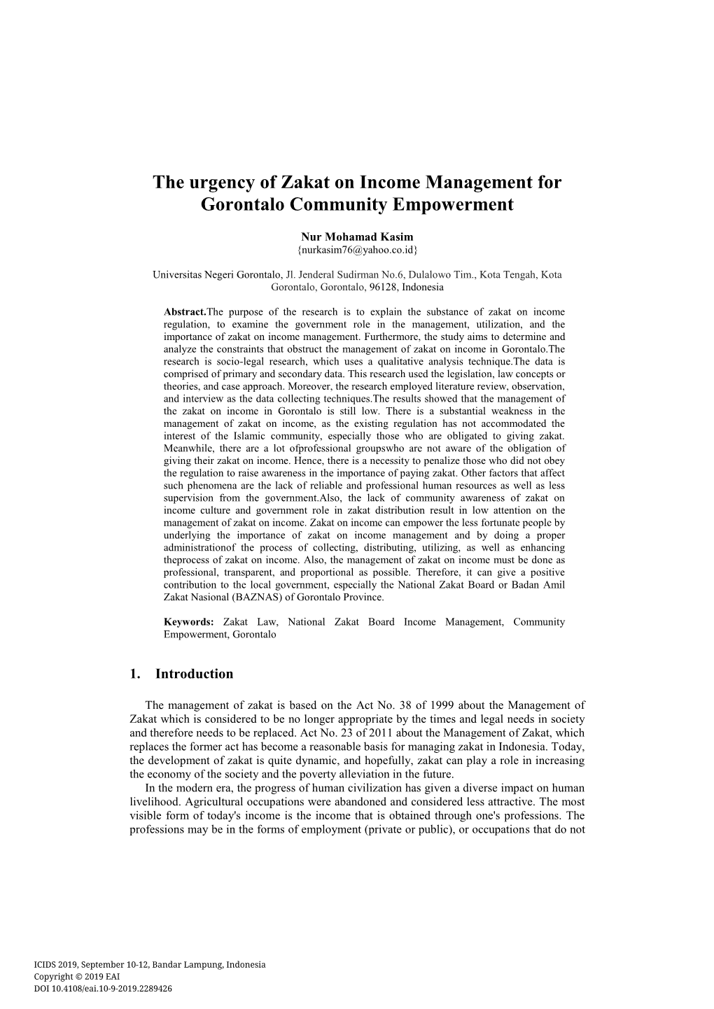 The Urgency of Zakat on Income Management for Gorontalo Community Empowerment