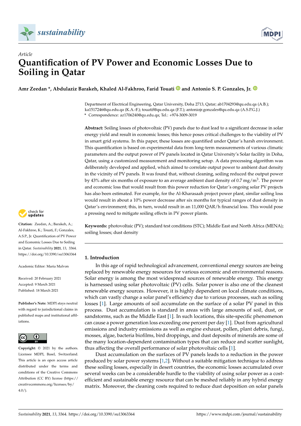 Quantification of PV Power and Economic Losses Due to Soiling In