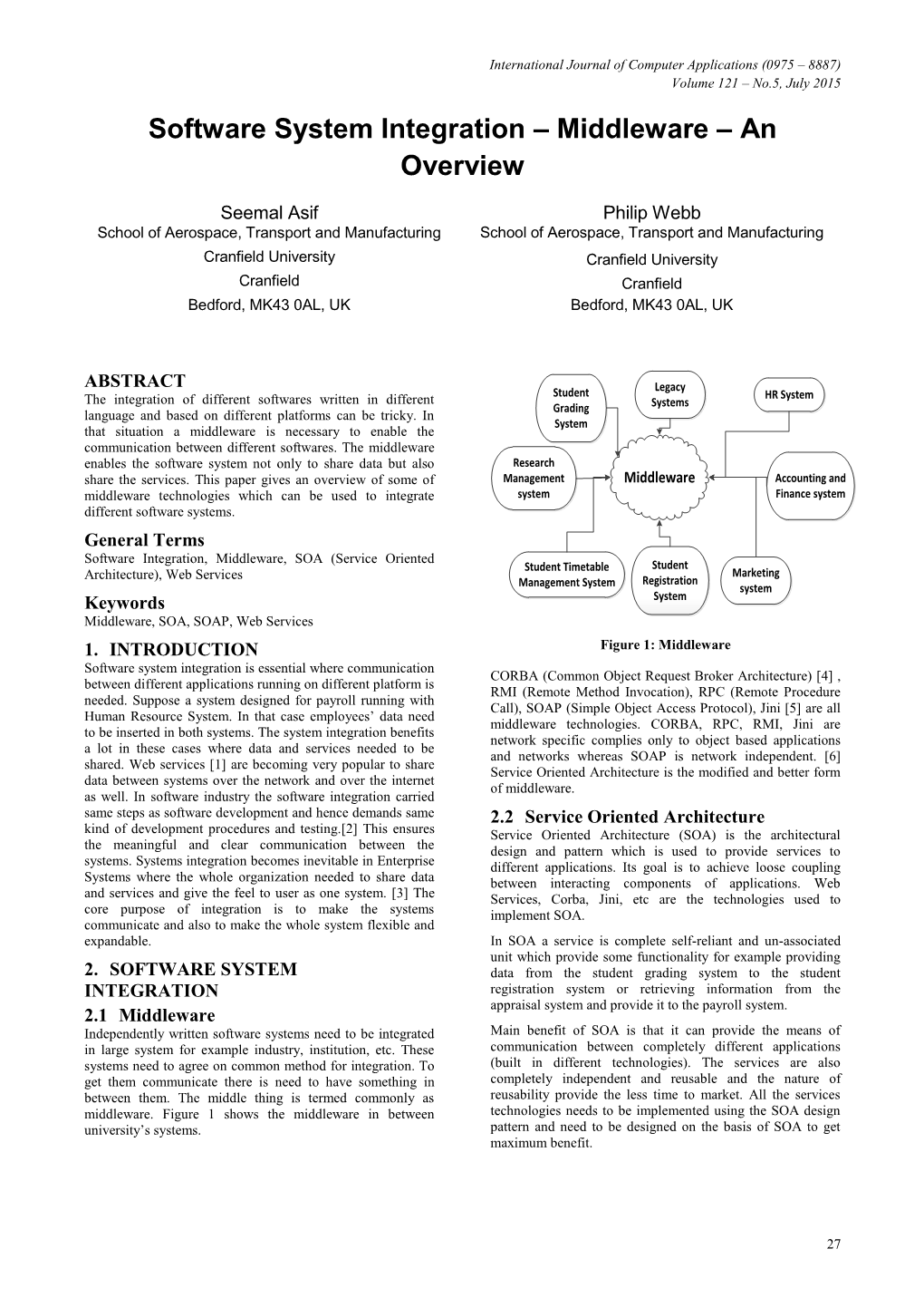 Software System Integration – Middleware – an Overview