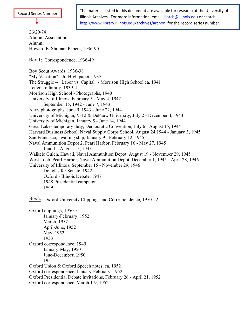 26/20/74 Alumni Association Alumni Howard E. Shuman Papers, 1936-90