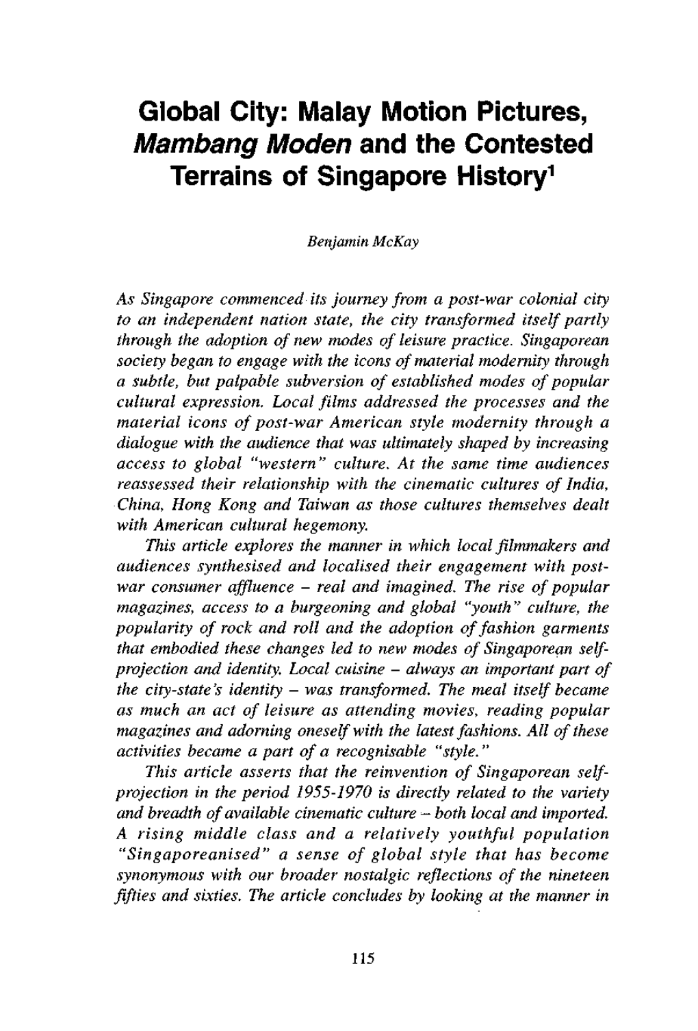 Global City: Malay Motion Pictures, Mambang Moden and the Contested Terrains of Singapore History1