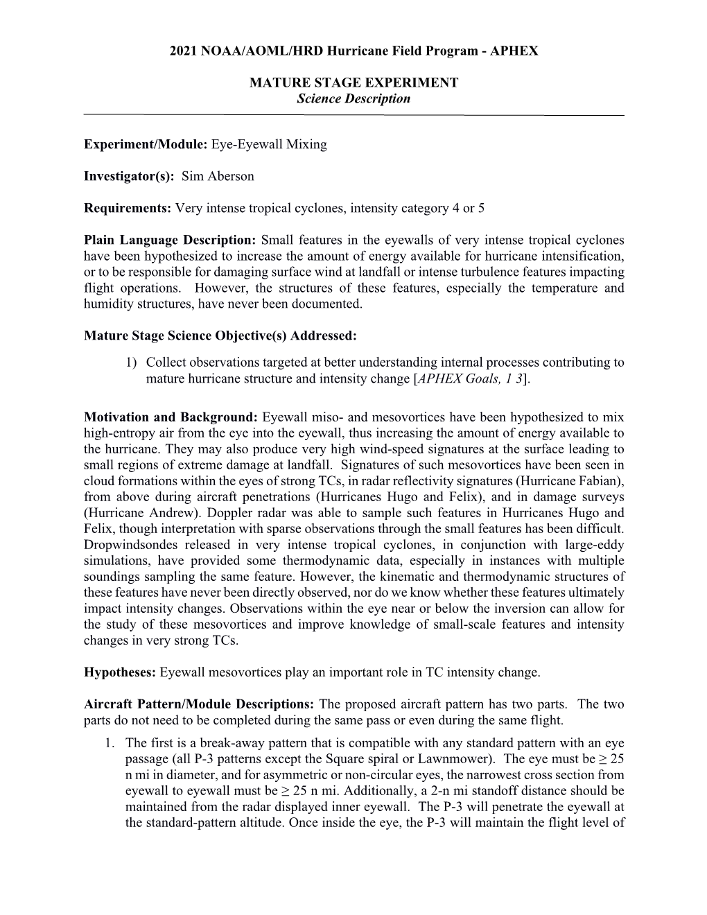 2021 NOAA/AOML/HRD Hurricane Field Program - APHEX