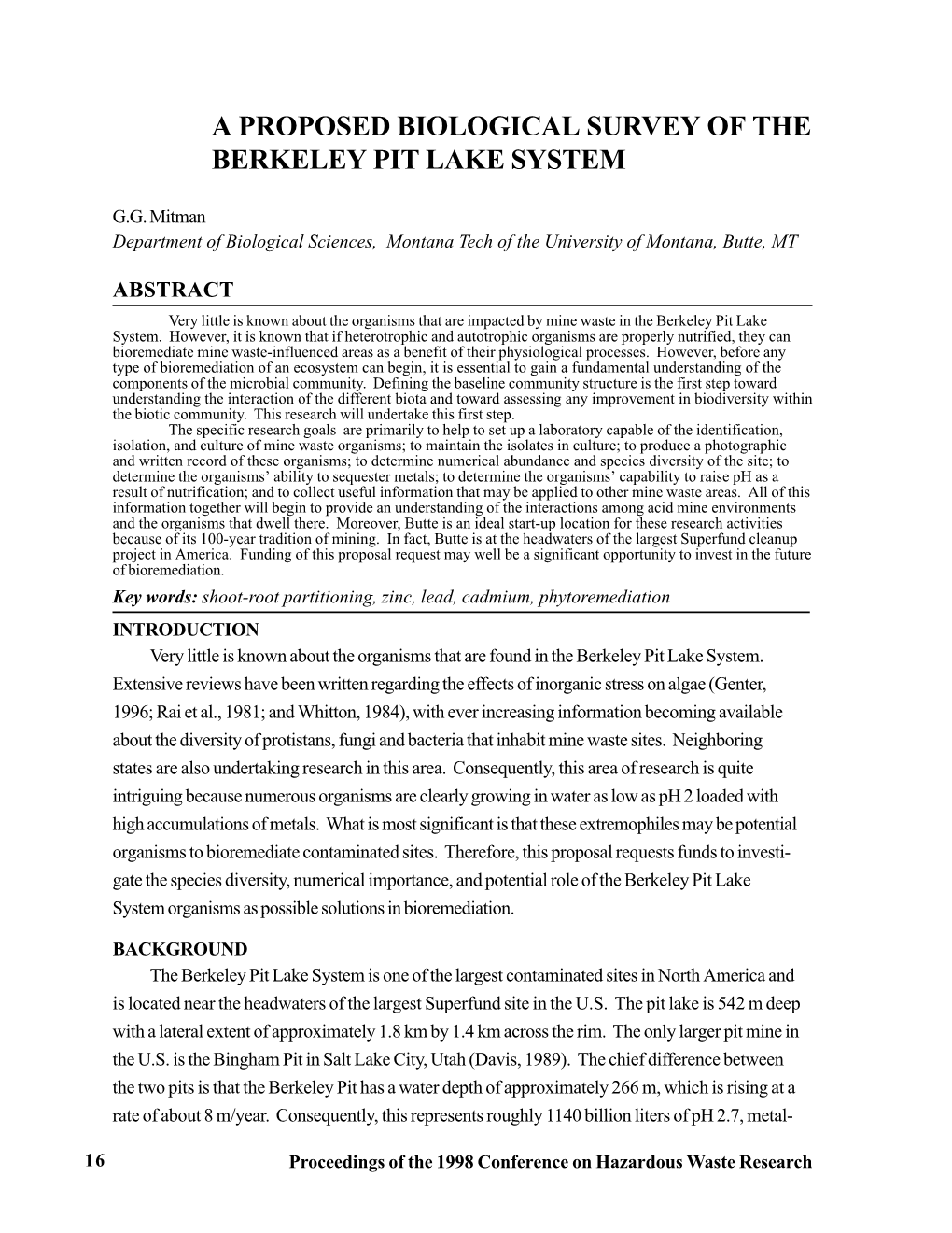 A Proposed Biological Survey of the Berkeley Pit Lake System