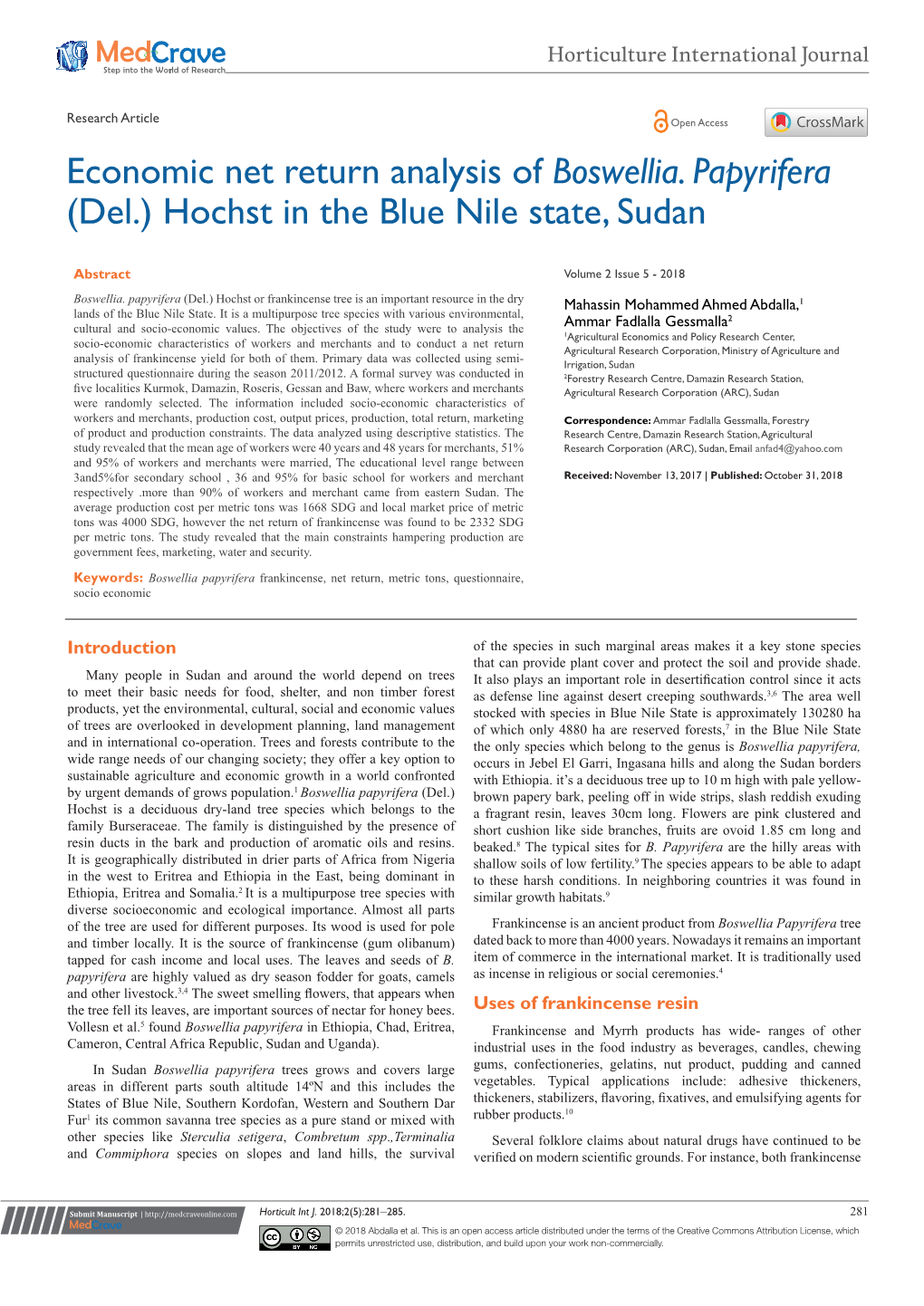 Economic Net Return Analysis of Boswellia. Papyrifera (Del.) Hochst in the Blue Nile State, Sudan