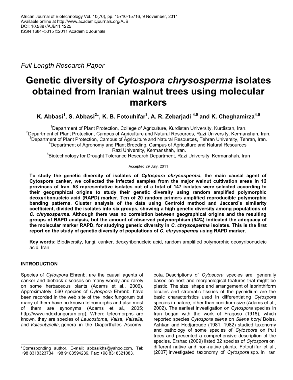 Genetic Diversity of Cytospora Chrysosperma Isolates Obtained from Iranian Walnut Trees Using Molecular Markers