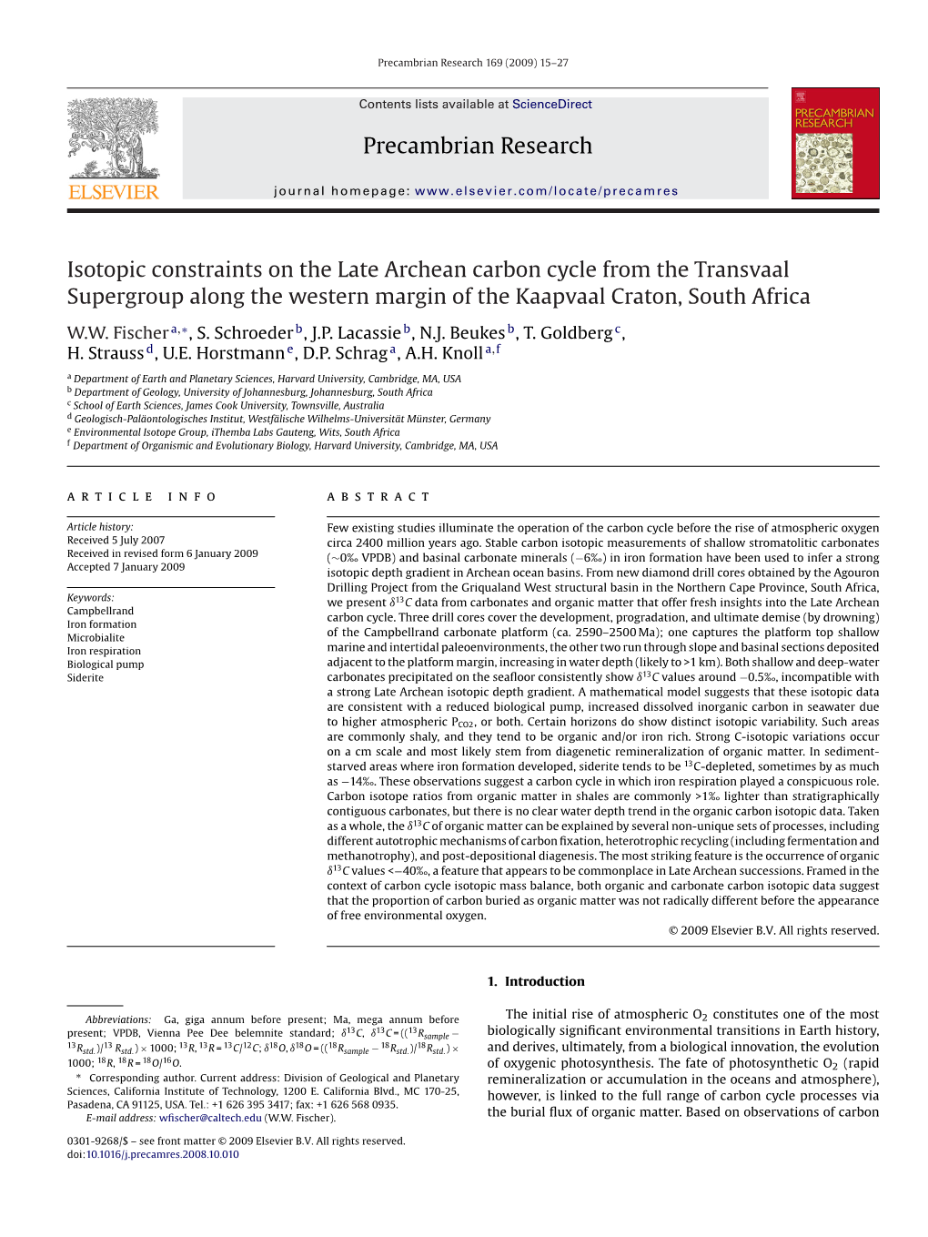 Precambrian Research Isotopic Constraints on the Late Archean Carbon Cycle from the Transvaal Supergroup Along the Western Margi