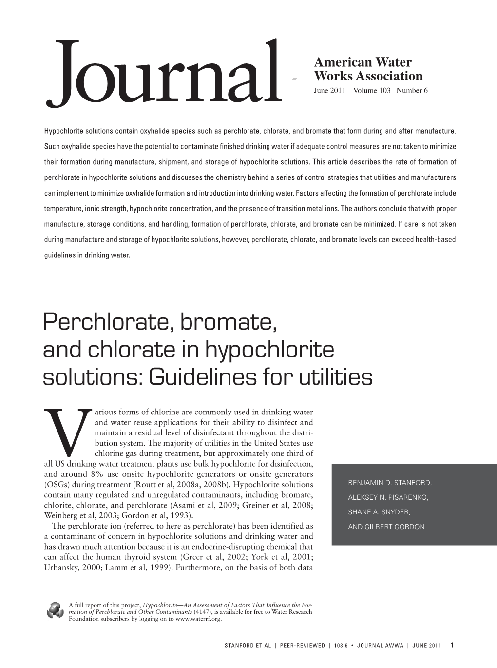 Perchlorate, Bromate, and Chlorate in Hypochlorite Solutions: Guidelines for Utilities