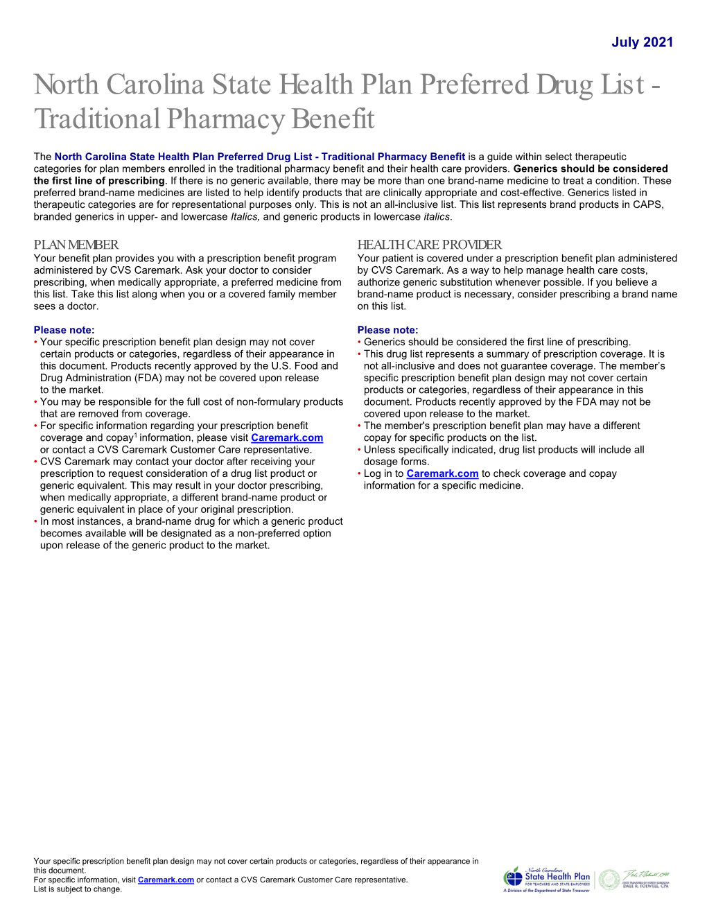 North Carolina State Health Plan Preferred Drug List - Traditional Pharmacy Benefit