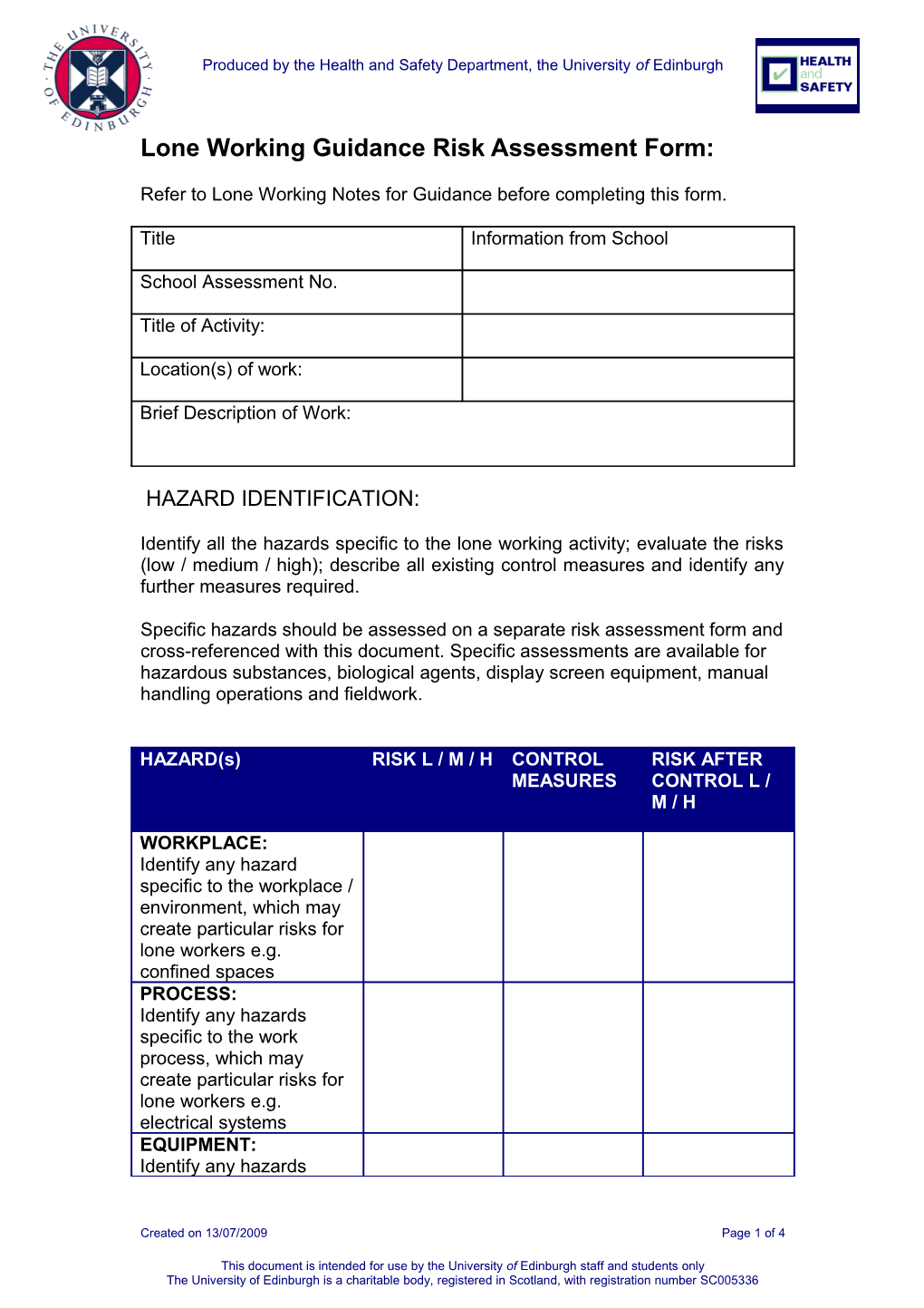 Notes to General Risk Assessment Form RA1