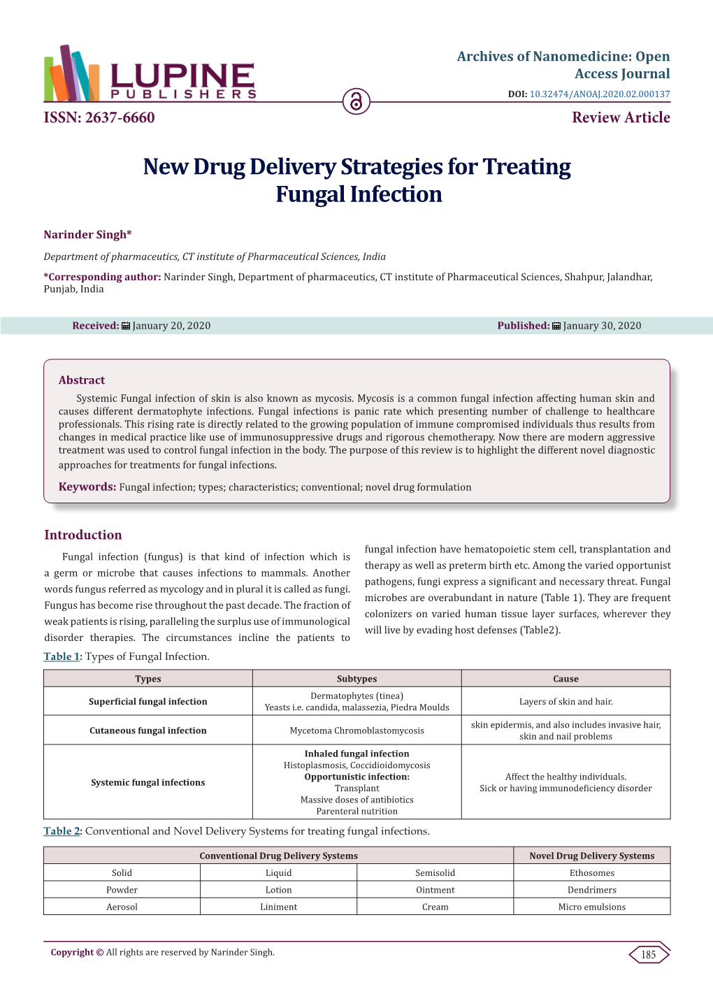 New Drug Delivery Strategies for Treating Fungal Infection