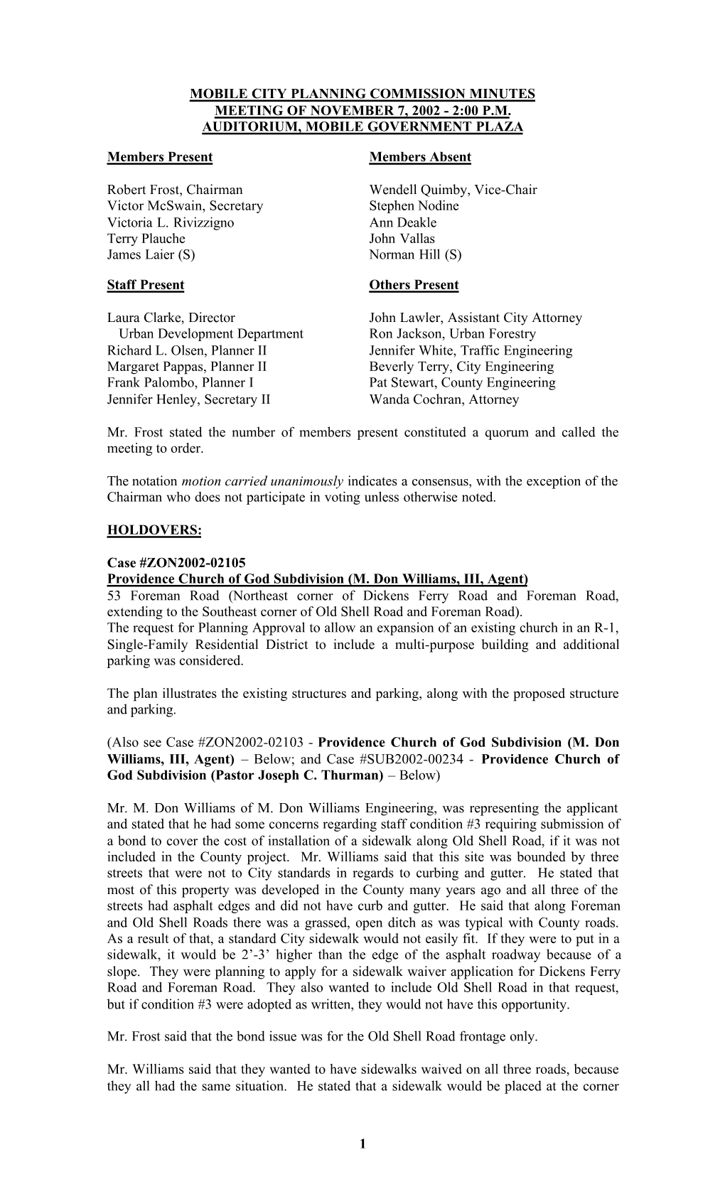Mobile City Planning Commission Minutes Meeting of November 7, 2002 - 2:00 P.M
