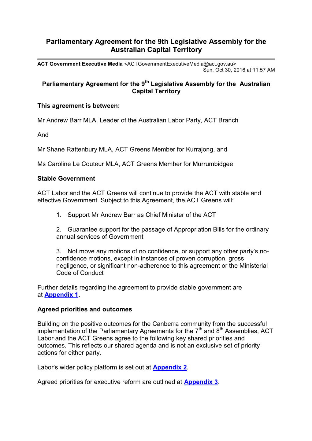 Parliamentary Agreement for the 9Th Legislative Assembly for the Australian Capital Territory