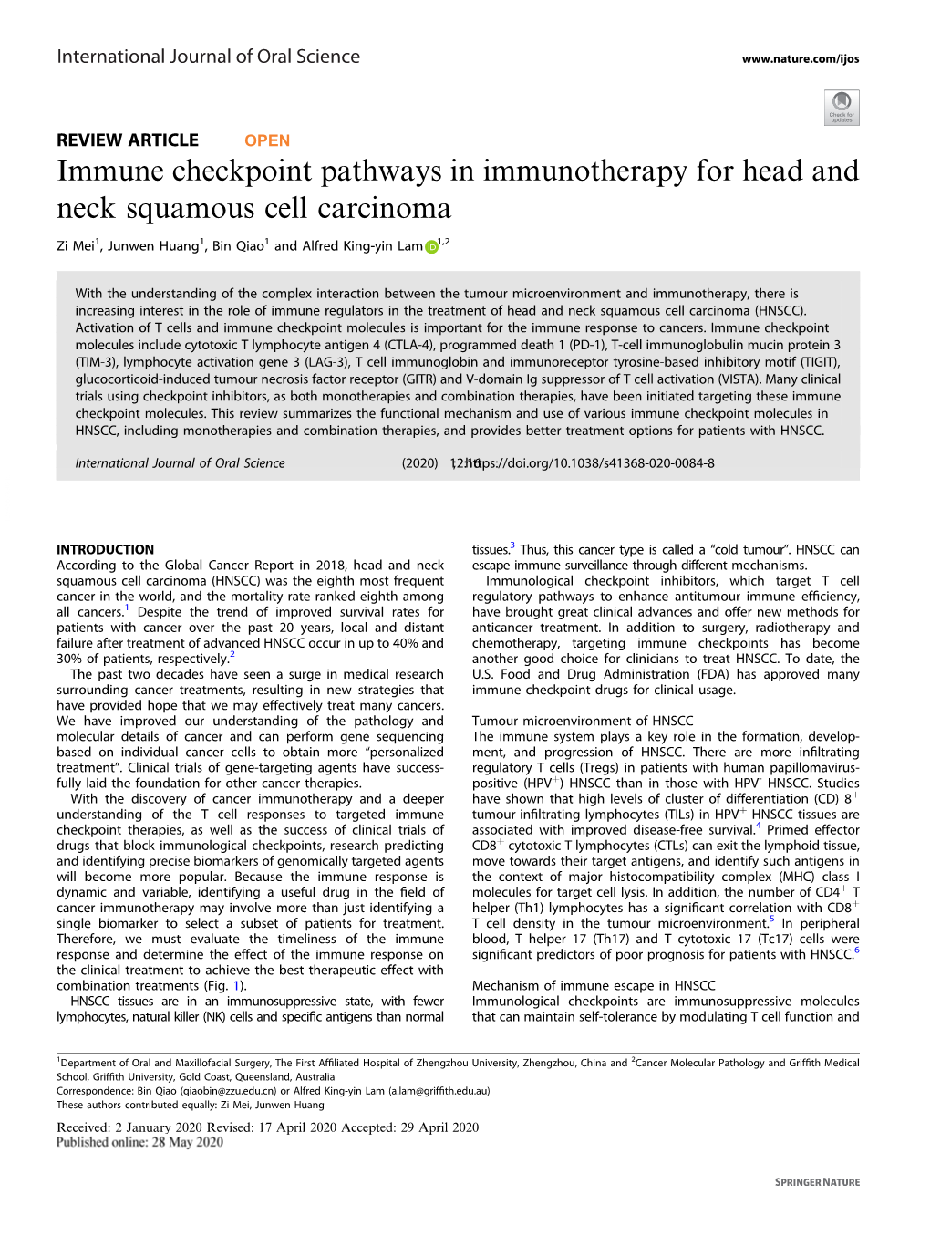 Immune Checkpoint Pathways in Immunotherapy for Head and Neck Squamous Cell Carcinoma