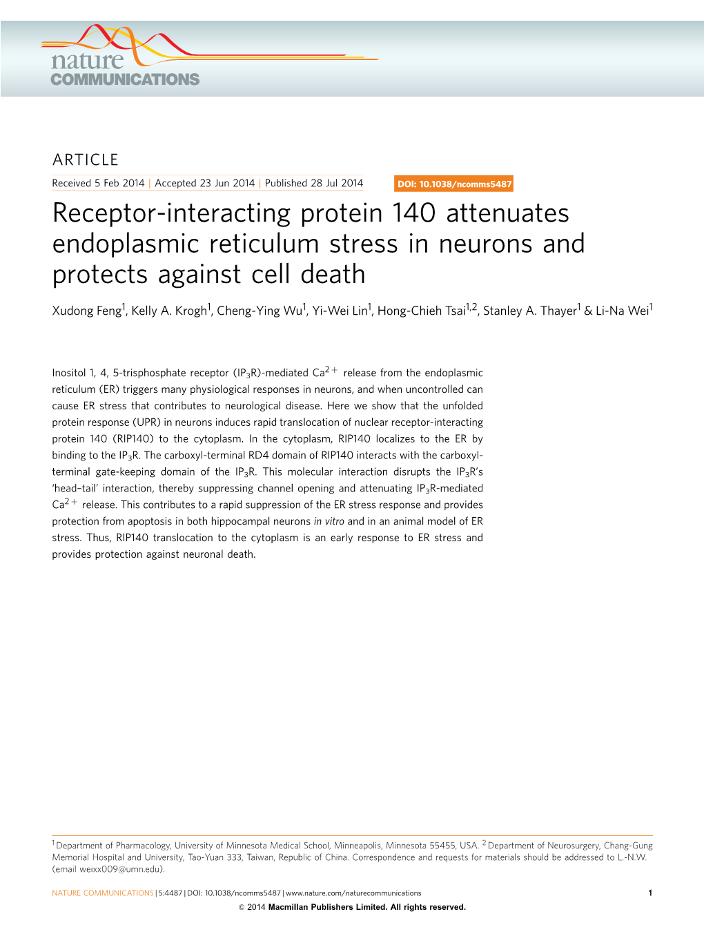 Receptor-Interacting Protein 140 Attenuates Endoplasmic Reticulum Stress in Neurons and Protects Against Cell Death