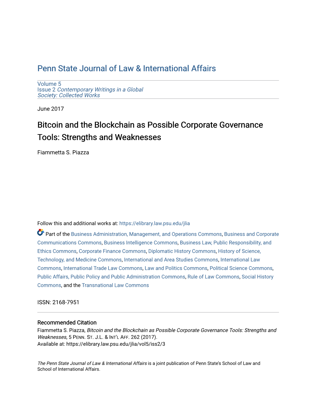 Bitcoin and the Blockchain As Possible Corporate Governance Tools: Strengths and Weaknesses