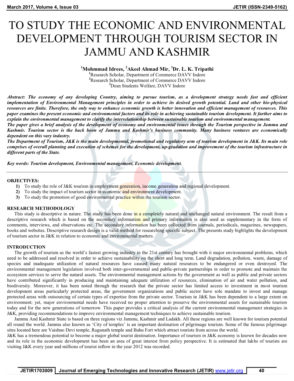 To Study the Economic and Environmental Development Through Tourism Sector in Jammu and Kashmir
