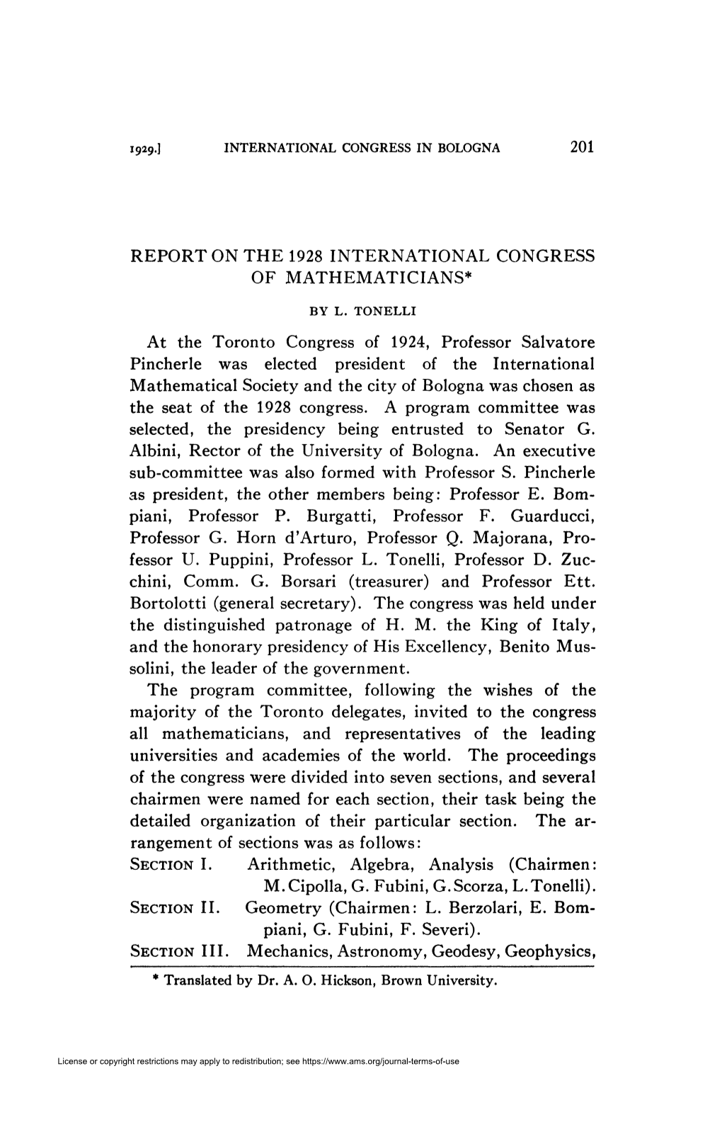 Report on the 1928 International Congress of Mathematicians*