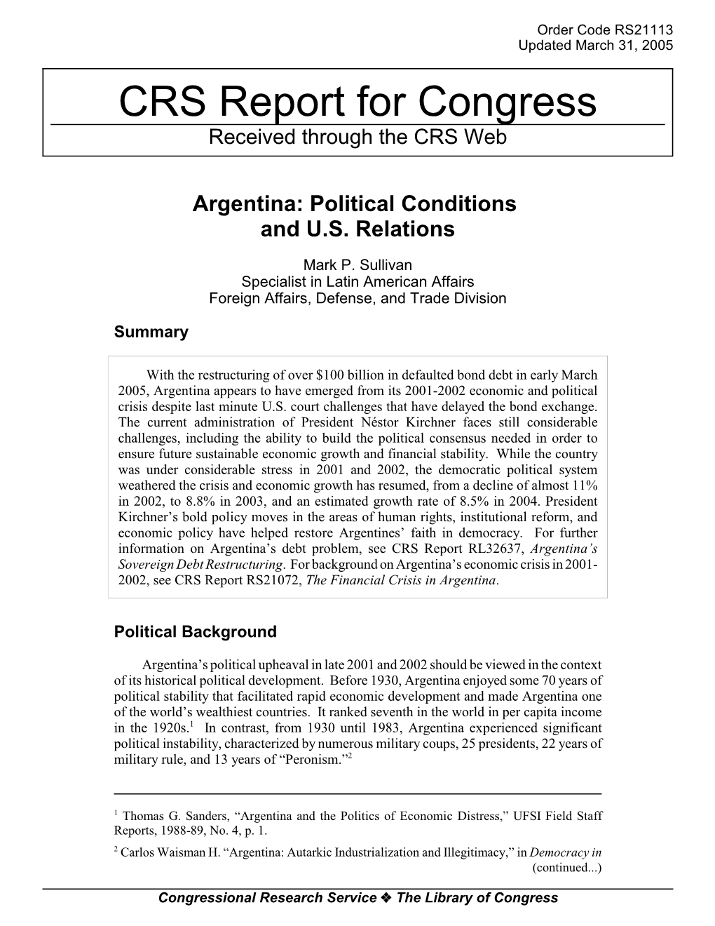 Argentina: Political Conditions and U.S