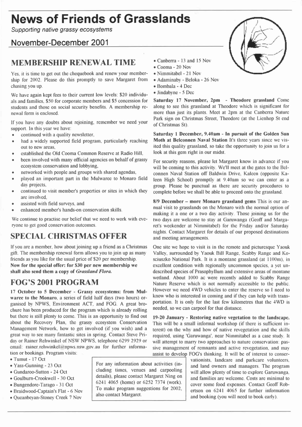 News of Friends of Grasslands Su P Porti Ng N Ative Grassy Ecosysfems November-December 2001